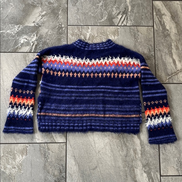 🧡 Free People Fair Isle Cropped Boxy Sweater Side Slit Size XS Blue Wool Blend - Picture 4 of 9